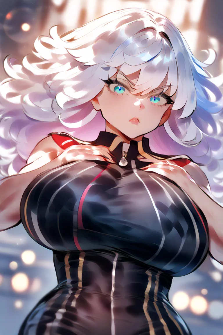 Make a anime girl character wearing shot dress and shot under pant and boobs are so big and white hair and sexy pose and background is on outside 