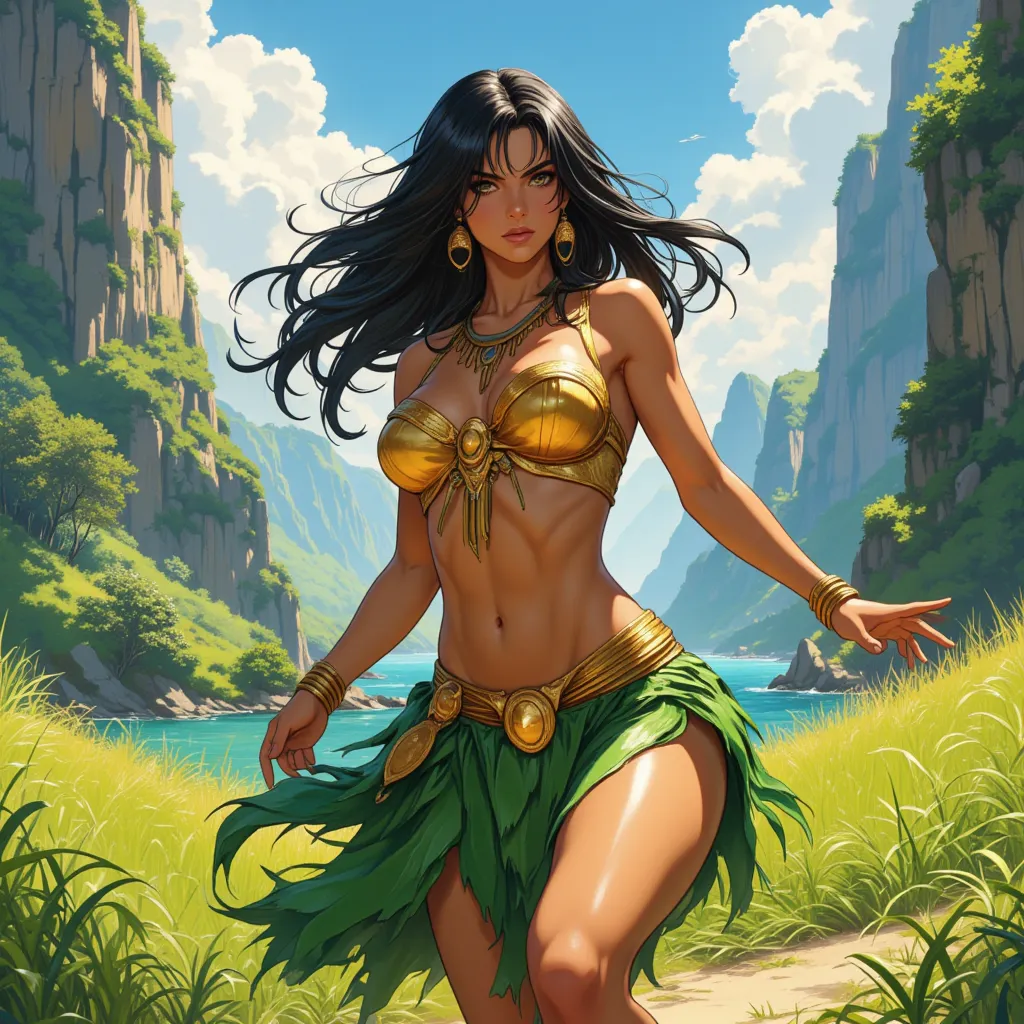 illustrate A female native warrior with a gold outfit and green grass skirt. She has black hair She has a hyper sexual physique, with large firm breasts and perfect breeding hips, soft curves and wide hips, visible abs and muscular thighs, her broad should...