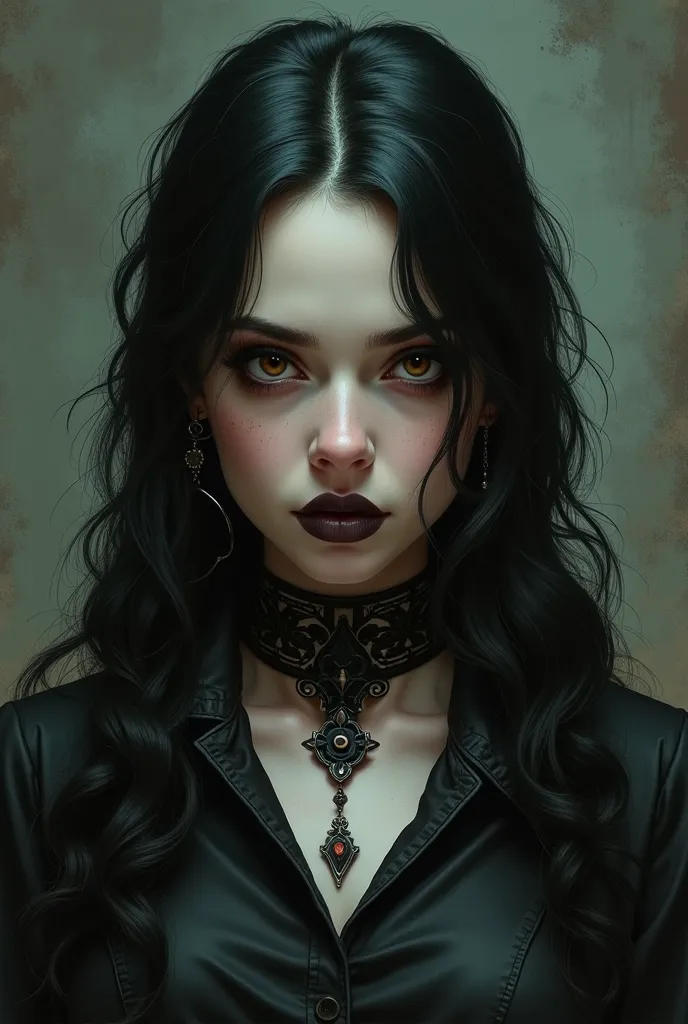 An extremely detailed digital painting of an enigmatic young woman in her late ****s portrayed by a young Dominique Ruiz with pale skin black hair and amber eyes wearing gothic clothing and gothic makeup with a theme somewhere between a Raider from Fallout...