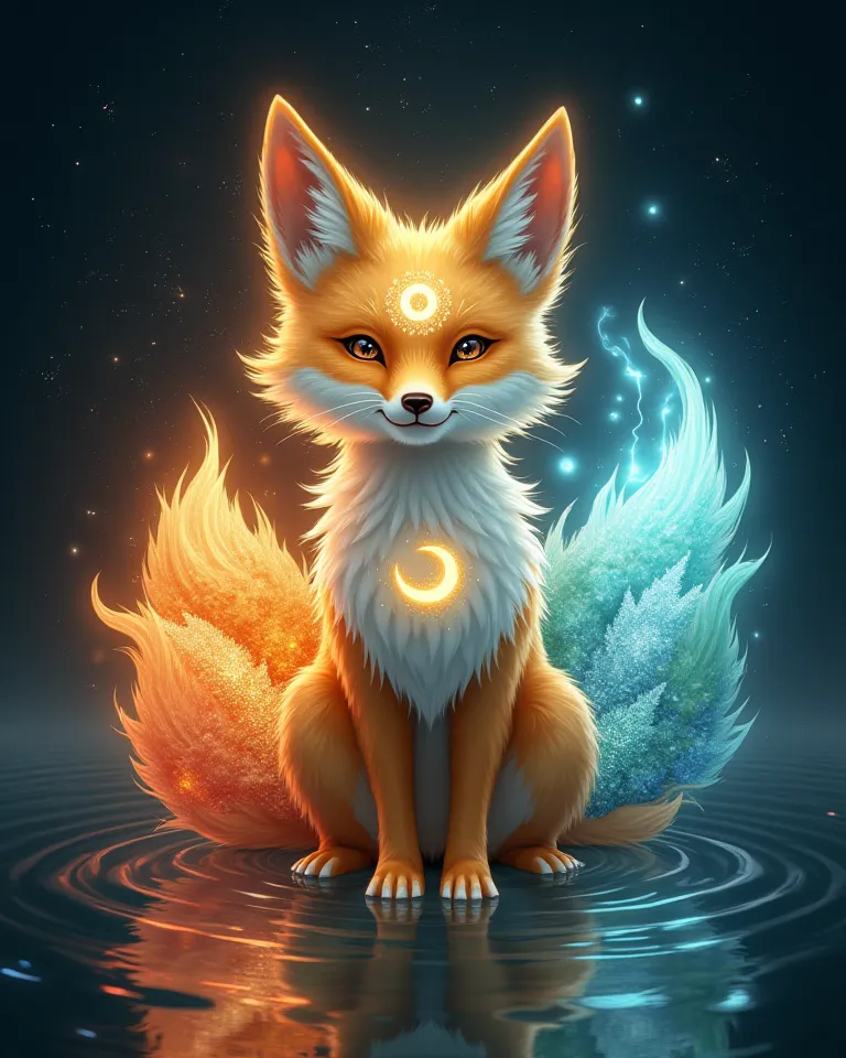 A mystical nine-tailed fox with glowing, ethereal fur sits in a dark, reflective pool of water, radiating an aura of power. Each of its nine tails is infused with a different elemental energy, glowing vibrantly in various colors: fire (red-orange flames), ...