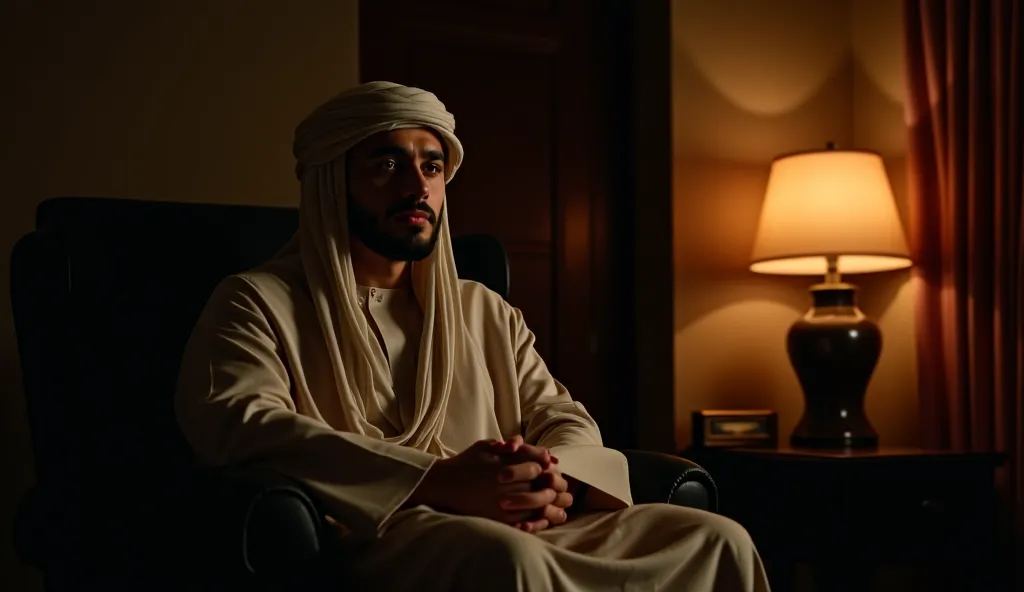 A noble Arab man, draped in a simple yet elegant robe, sits inside a dimly lit home. His face shows signs of deep contemplation and slight fear. His hands tremble slightly as he asks for a blanket, seeking comfort. A warm lamp glows softly in the corner, c...