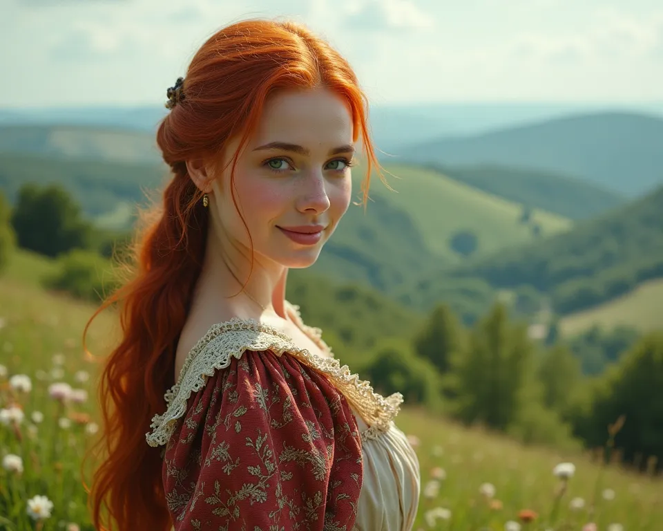 A young woman with red hair peasant costumes , kind eyes on the top of a hill 