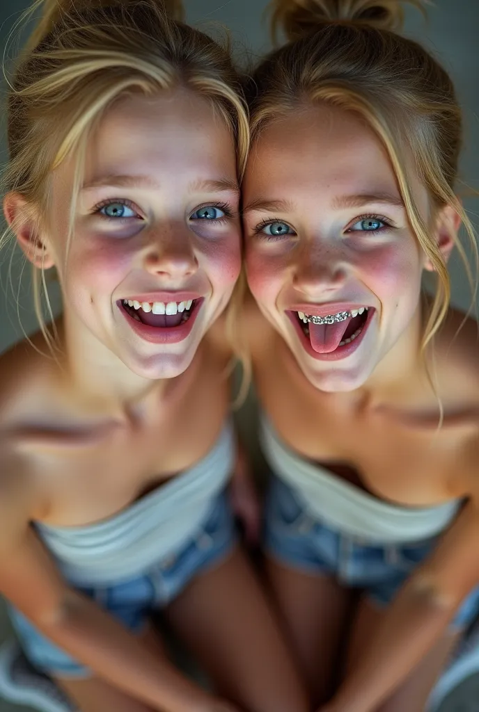 2 girls, youthful, skinny, tall, blonde, messy ponytail, vivid blue eyes, small breasts, small waist, small ass, with freckles, ((with dental braces)), young looking, cute face, hot body, most beautiful girl ever, close up from the face up picture, looking...