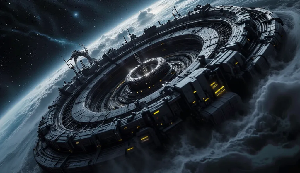 A large futuristic space station with a massive, segmented circular structure, floating in space.  Its design is symmetrical , with a main ring full of mechanical details, panels and protruding structures. In the center of the ring there is a bright circul...