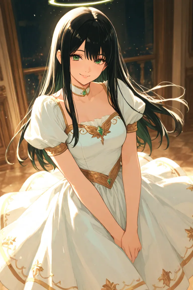 (anime) Woman with long black hair, green eyes, pechos grandes,  angelic smile. Wearing a dress with marine motifs
