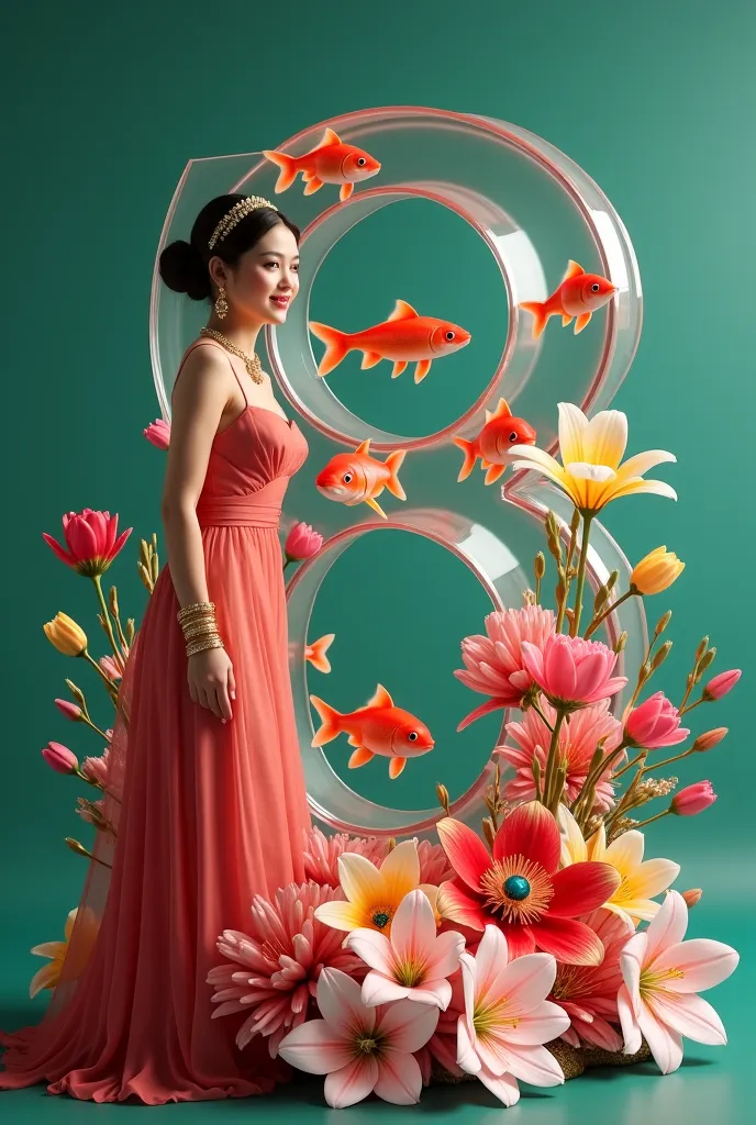 (surreal and vibrant cinematographic photograph of an ultra high definition digital greeting card, with a large number "8" of three-dimensional glass as a central element, Inside the number there are goldfish swimming, majestically surrounded by an arrange...