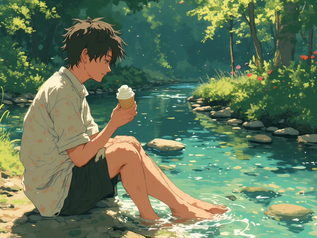 Draw a picture of Osaka Taiga, the protagonist of the anime Dragon and Tiger, washing his feet by the creek and eating ice cream in a loose shirt