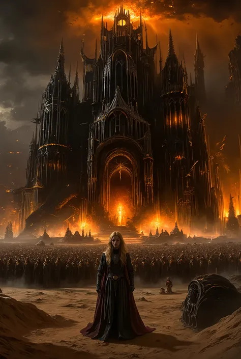 Dark Fantasy Oil Painting Style. Grand Battle Scene. A grand fantasy landscape featuring a fair-skinned woman in her 20s with long blonde hair flowing. She stands upright, facing a large black dragon dominating the sky. She wears dark gray and brown mediev...
