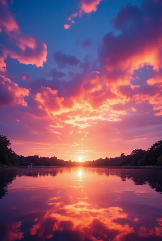 there is a beautiful sunset with a lake and trees in the background, colorful skies , surreal cores, Colorful sunset, colorful sky, a wonderful reflection of the sky ,  Stunning Sky ,  dream atmosphere 8k , colorful clouds, colors reflecting in the lake, s...