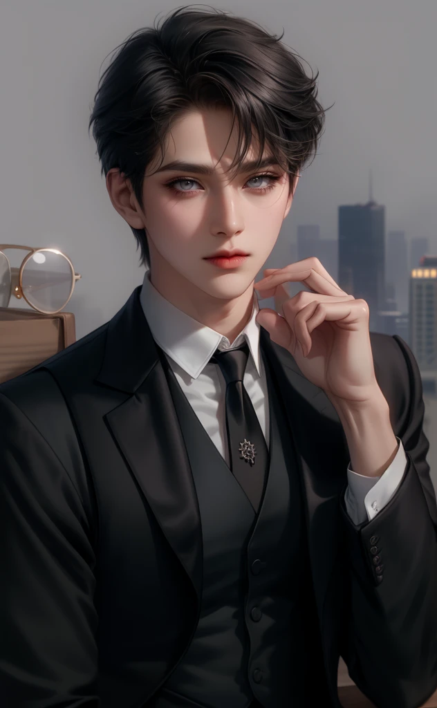 (걸작,quality,extremist_detailed,High Resolution,absurdity), 1 mature male , 30th case , (wide shoulders), ( muscular), MALE FOCUS, alone, sand brunette, shirt, black tie, tie,  simple background,  gray eyes, Upper body, vest, short hair, watching viewers, s...