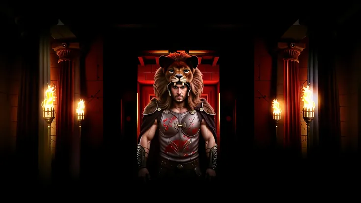 Hercules wearing his lion armor. His helmet is the head of a lion. The scene is realistic with a wide frame. His armor is dirty with dust and blood, and his cape is dusty. blood, dust, greece, action, walking.