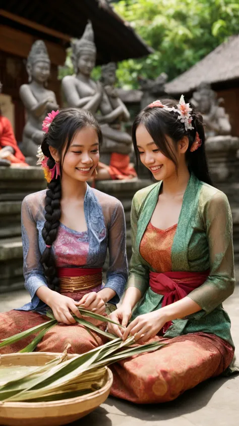 Two beautiful Balinese girls are sitting outside, engaged in traditional activities. They are dressed in colorful, intricately patterned kebaya (traditional Balinese attire), with their long black hair styled in simple braids. The setting appears to be a t...