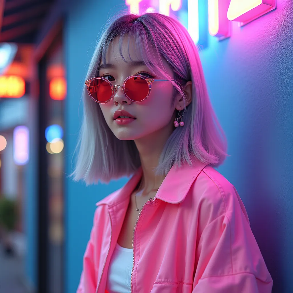 Generate an image of Generate an image of a beautiful cute korean girl wearing a pink white casual Attire with  and sunglasses facing right,   STRAIGHT gray HAIR, name FRITZ is written on wall . .In the style of Fluorescent color painting