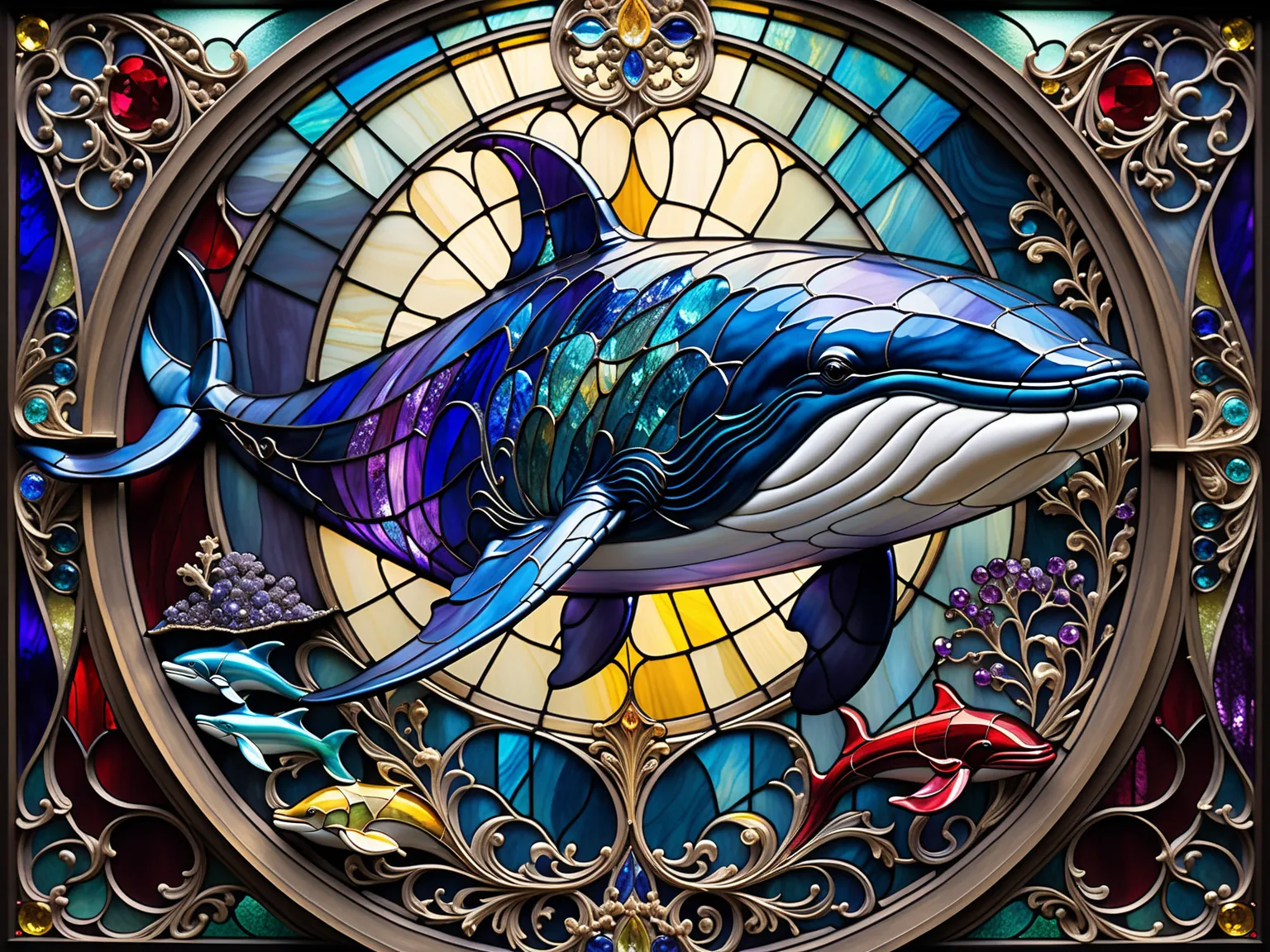 Three primary colors , like the movie, Stained glass whale close-up, Baroque, Claora, Highly Detailed Stained Glass, amethyst crystal, Iridescent Labradorite Crystals,  Andy Kehoe , John Blanche, intricate and highly detailed background,  fantasy,  filigre...