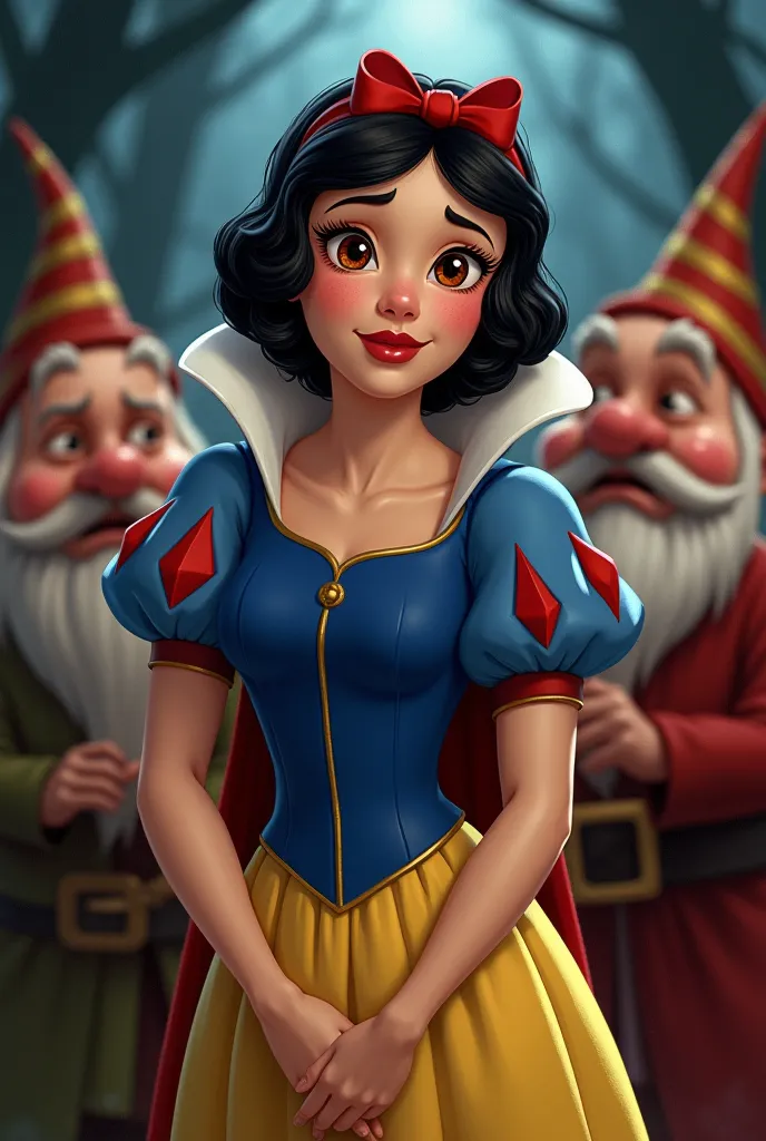 Make an image of Snow White and the Seven Dwarfs.  The image must be in a cartoon, with realistic colors. The seven year olds have their eyes bleeding and are evil, every seven years they're surrounded by Snow White. They must wear torn, red-eyed clothes 