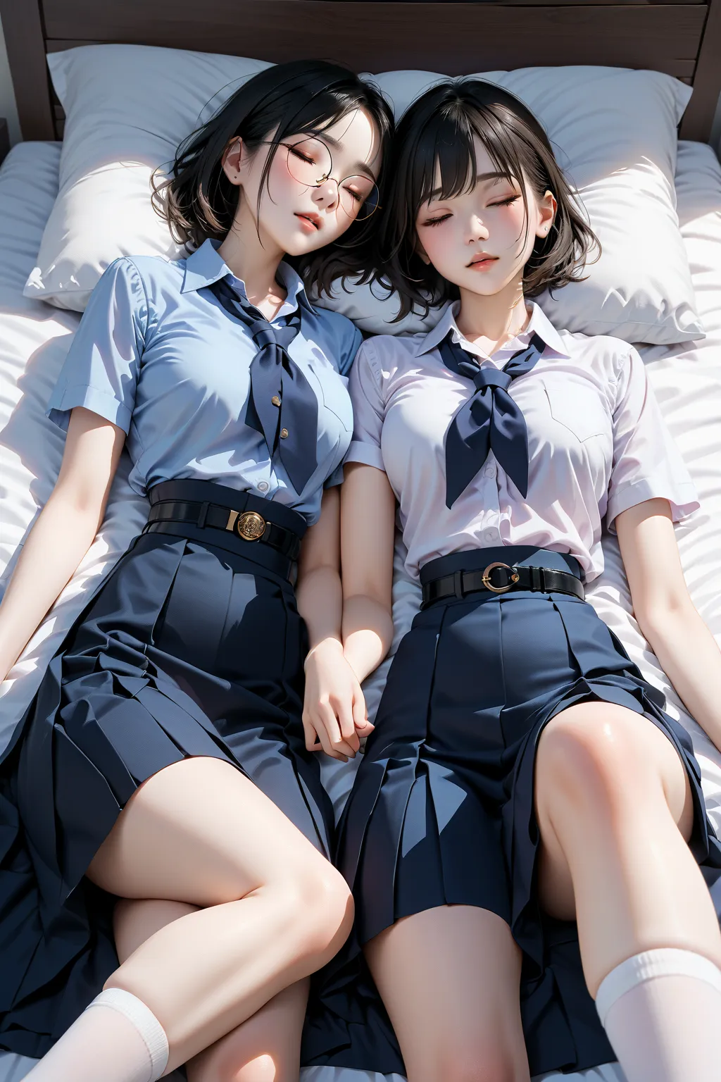 from above, ((Two woman, white skin, long bobcut, unconscious face)), (one wear eyeglasses), (other wear contact lens), (both wear light-blue shirt, collared shirt, short sleeves, dark-blue neckerchief, navy-blue pencil pleated long skirt, golden circle bu...