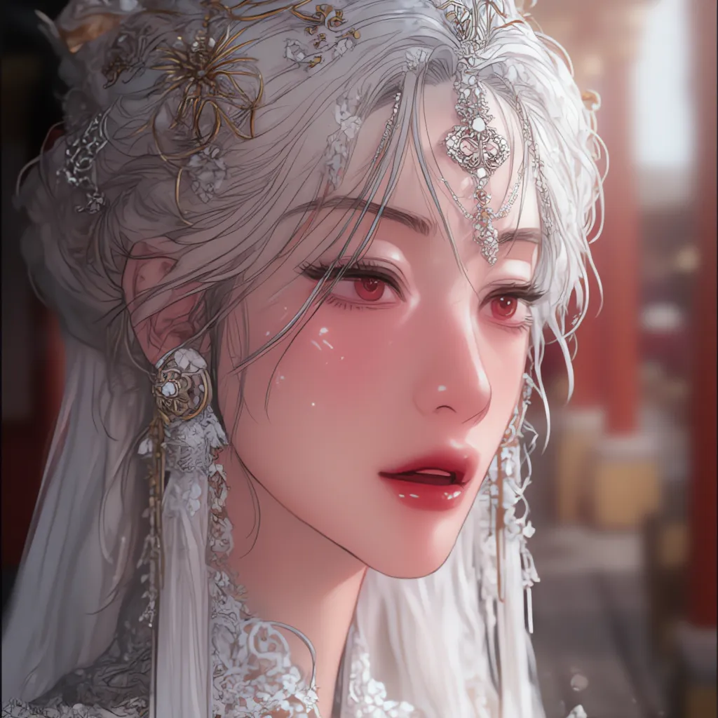 8K,   RAW photo, quality: 1.25), (brillo de Lips,   tabs  , Bright Cara, Light skin, Best quality,   ultra high resolution,   depth of field  ,   chromatic aberration  , caustics, moisturized lips,  rangrarri Artstyle,  Chinese woman, holy priestess, white...