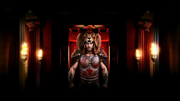 Hercules wearing his lion armor. His helmet is the head of a lion. The scene is realistic with a wide frame. His armor is dirty with dust and blood, and his cape is dusty. blood, dust, greece, action, walking.