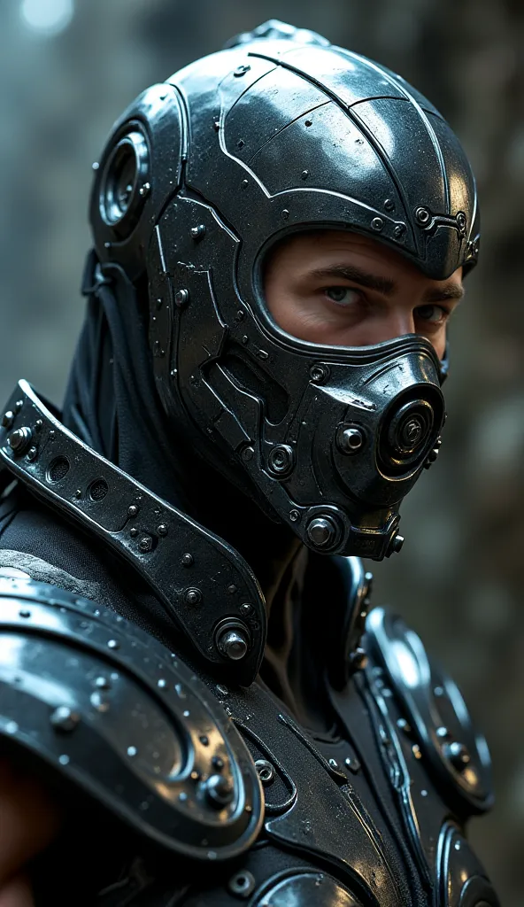 Karl Urban is super realistic like Kabal, focus on the upper body, with a shiny metallic suit and striking details, and a striking background: "Hyper-realistic Close-up by Chris Pratt as Kabal, the ruthless runner and former member of the Black Dragon from...