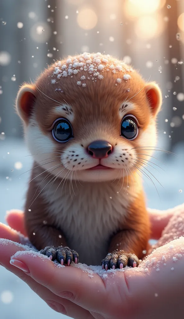 A hyper-realistic digital painting of a tiny otter with wet, glistening fur in shades of brown, auburn, and hints of iridescent blue and purple. The otter has large, glossy black eyes reflecting the soft winter light and a small, pink nose with delicate wh...