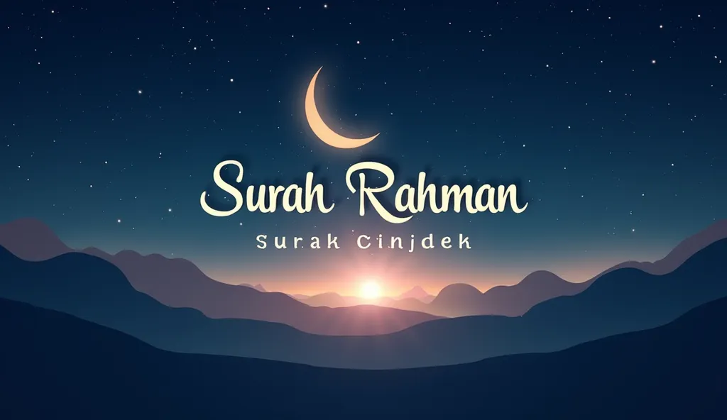 A beautifully designed Surah Rahman thumbnail with a spiritual and calming aesthetic. The background features a serene night sky with stars, a subtle crescent moon, and distant mountains or a desert silhouette. The english calligraphy of 'Surah Rahman' is ...