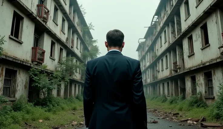 man in a formal suit standing in front of the abandoned Batalanda housing complex. His back is turned slightly, but his face is visible in a cold, calculating expression, symbolizing political control. The buildings behind him are cracked and decayed, with...