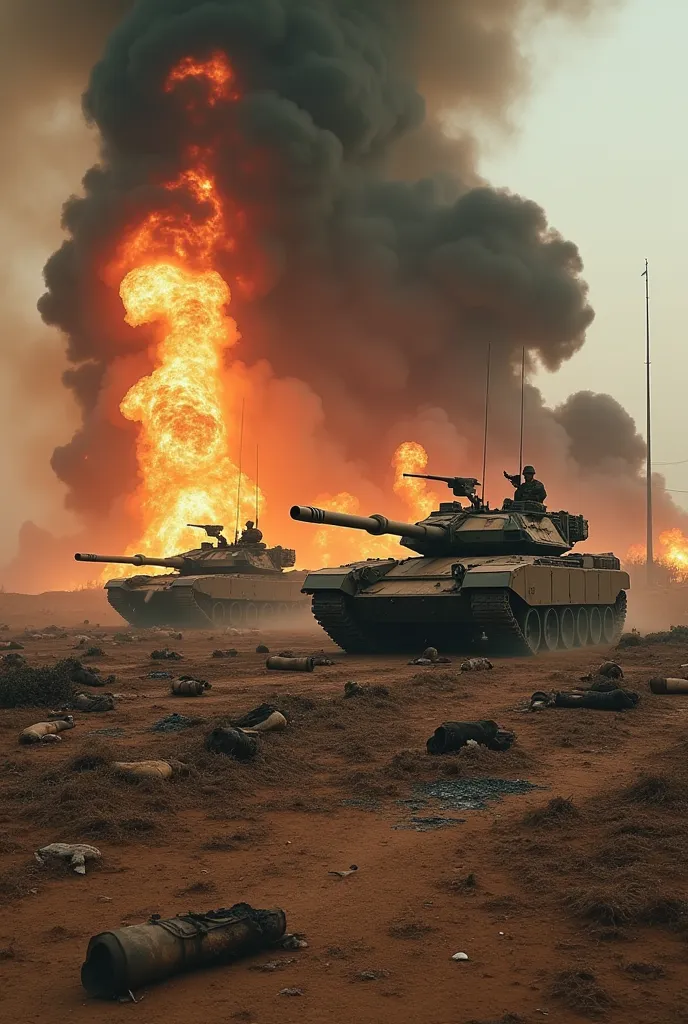 A typical Israeli military air base was burned to the ground with black smoke billowing, Many of Israel's signature Merkava tanks were also damaged and burned out with billows of black smoke, there were also several charred wreckage of typical Israeli figh...