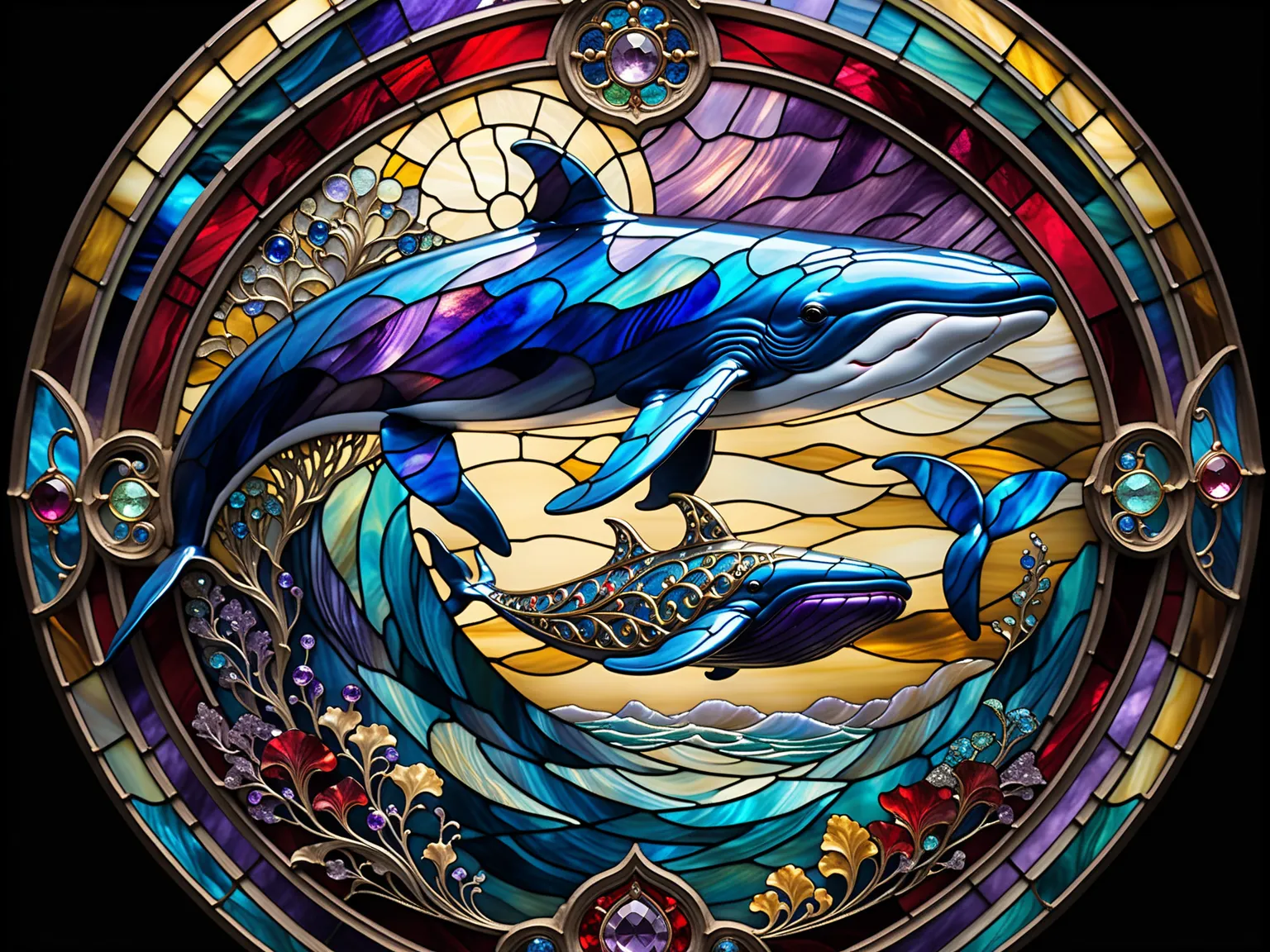 Three primary colors , like the movie, Stained glass whale close-up,  in the sea, Baroque, Claora, Highly Detailed Stained Glass, amethyst crystal, Iridescent Labradorite Crystals,  Andy Kehoe , John Blanche, intricate and highly detailed background,  fant...