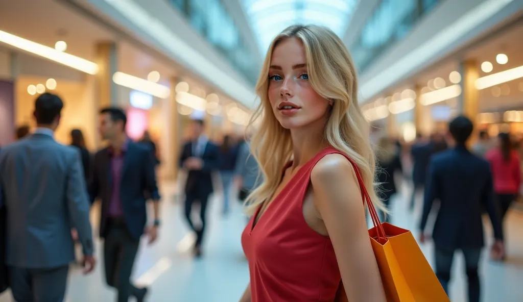  The modern shopping environment , with a 25-year-old woman ,  blond hair,  Light skin ,  in an elegant dress and with lots of shopping bags.  in the background ,  , other people rush past ,  symbolizing the superficiality of material success .  The artifi...