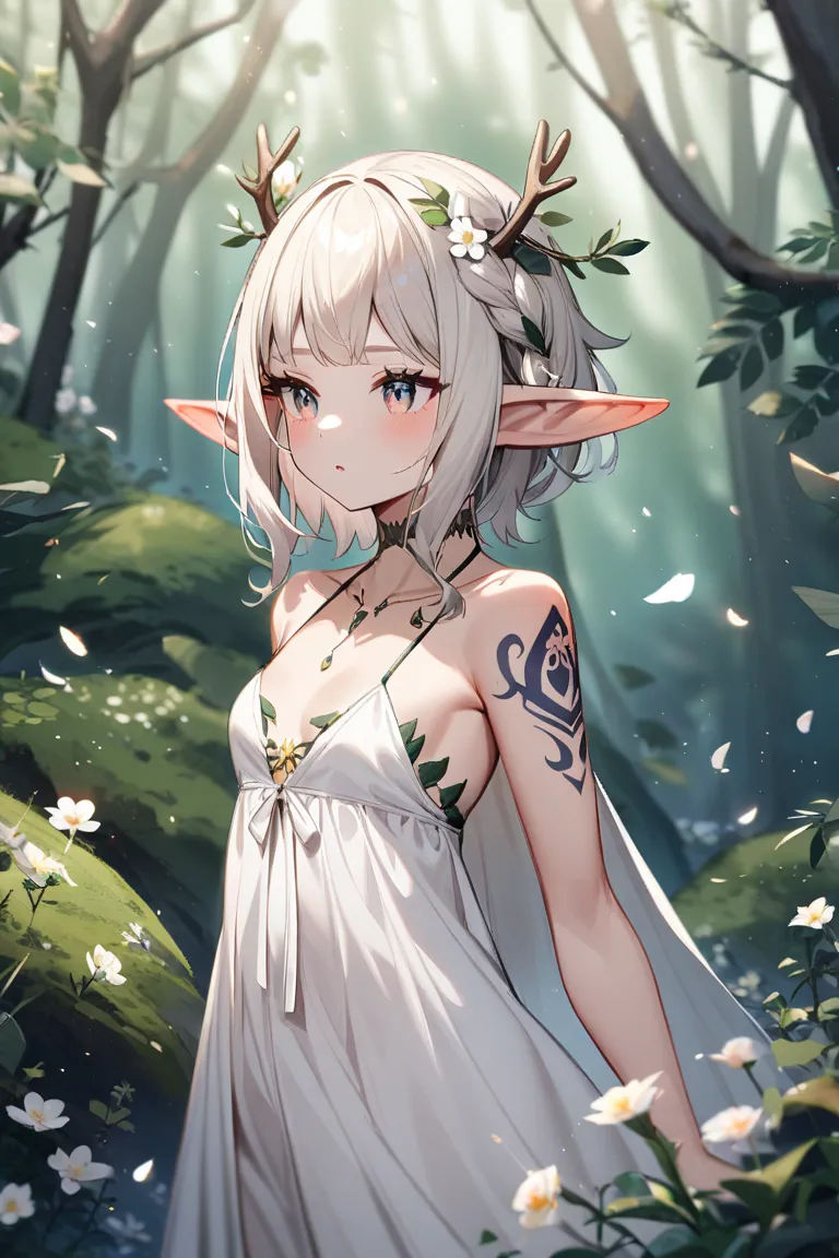 1 girl, adult elf, platinum blond hair, small breasts, quiet, white dress,  tattoos, forest nymph, antlers and flowers in hair, in a fantasy forest,