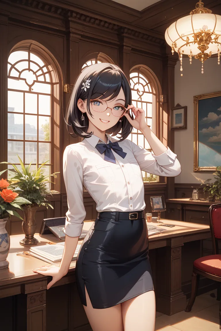 {best quality}, {very aesthetic}, {ultra-detailed}, {best illustration},wearing business suit, pencil skirt,medium hair,(black hair),swept bangs,(straight hair),thirties,smile,slim,standing,inside, interior design,flat chest, hand on eyewear