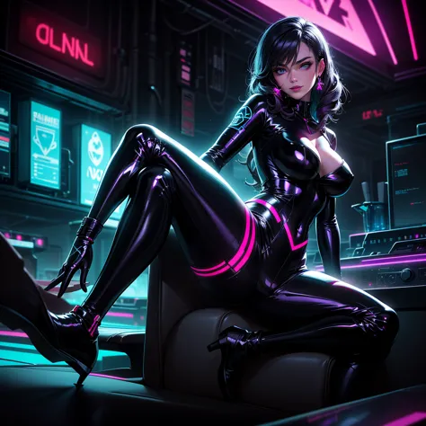 A stunning and seductive cyberpunk woman named Nyx Ravelle, the queen of the underground nightclub Neon Eclipse in Phantom Metropolis. She sits confidently on a luxurious crimson velvet sofa, her long legs elegantly crossed, one heel resting on the armrest...