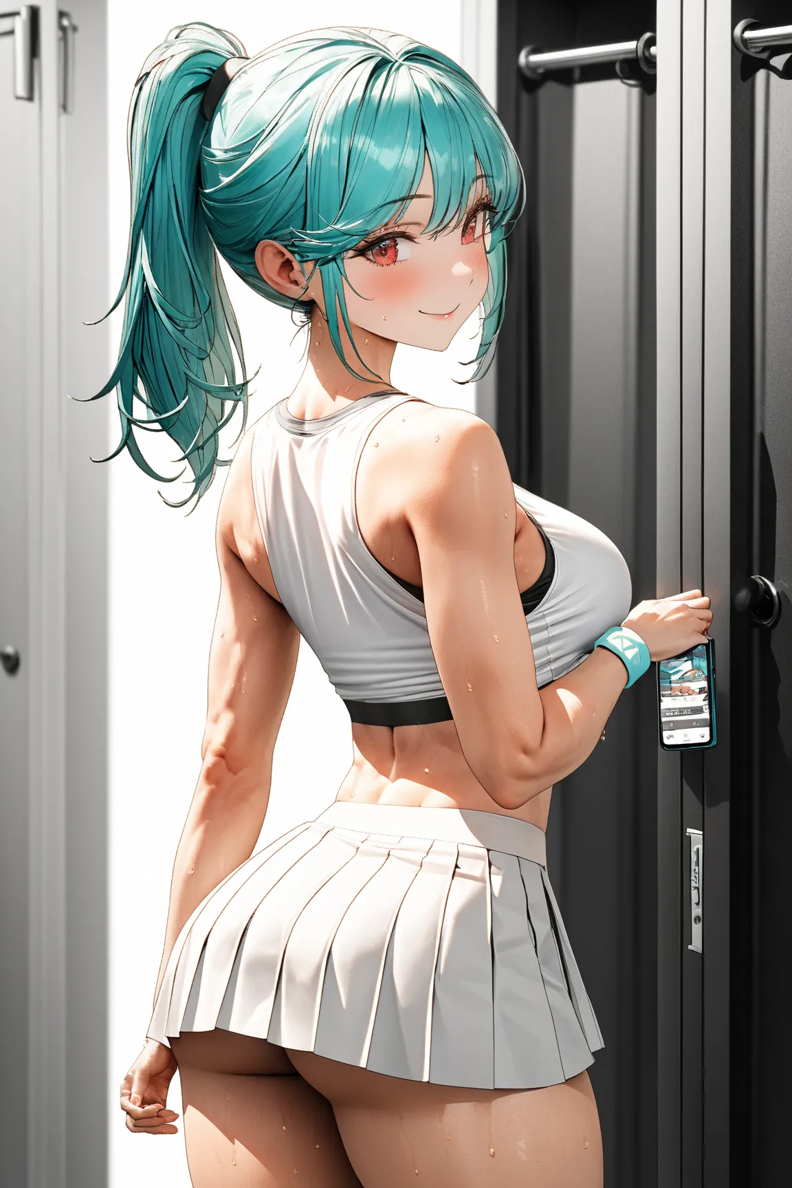 1 sexy woman, turquoise hair with ponytail, red eyes, she wears 1 pleated sports skort with wide waistband and phone pocket, women's tennis outfit, a tank top, high top sneakers. she works out in a weight room, she sweats. she has a slim and muscular figur...