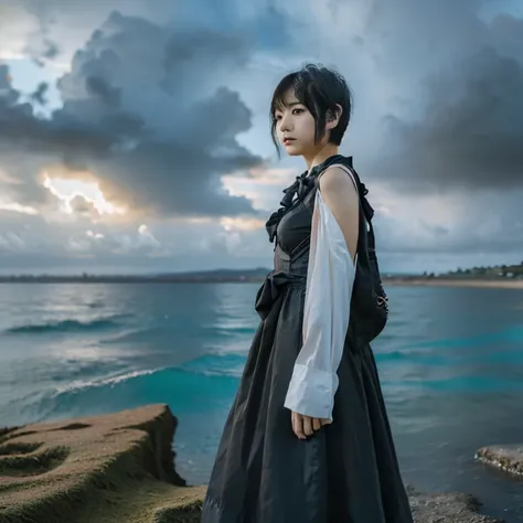 japanese woman,  one woman, ruin,  kawaii, ((very short cut:1.2)), ((cloudy, looking at viewer, standing by the sea:1.3)), gothic lolita