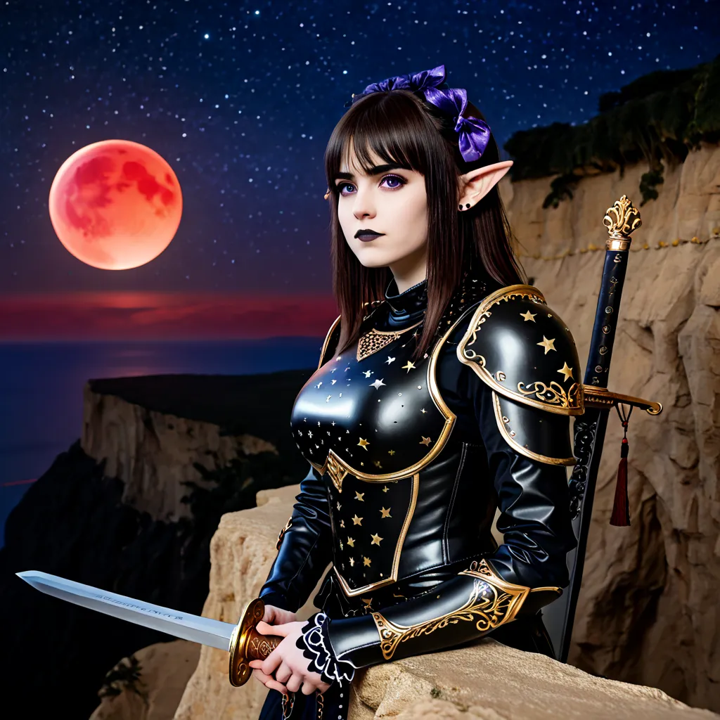 (Photo-Realistic:2), (Hyper-Realistic:2), (Best Quality:2), (Best Detail:2), (Best Resolution:2), (Image of a Curvy Elf Woman holding a sheathed sword looking onto the horizon from a cliff:2), (Elegant Black leather Light Armor:2), (Gold decorations on Arm...