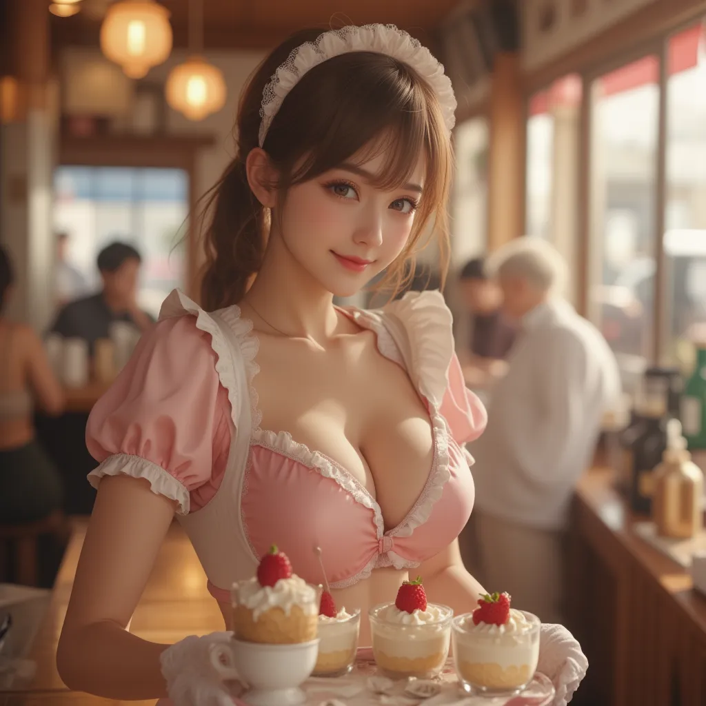 A Japanese woman in her late s with very big breasts、Wear a retro Anna Millers style maid cafe uniform with a wide open chest、standing at the counter of a warm maid cafe。A pink and white ruffled apron、Short sleeve blouse、Her uniform features a lace headban...