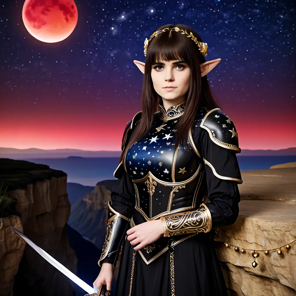 (Photo-Realistic:2), (Hyper-Realistic:2), (Best Quality:2), (Best Detail:2), (Best Resolution:2), (Image of a Curvy Elf Woman holding a sheathed sword looking onto the horizon from a cliff:2), (Elegant Black leather Light Armor:2), (Gold decorations on Arm...