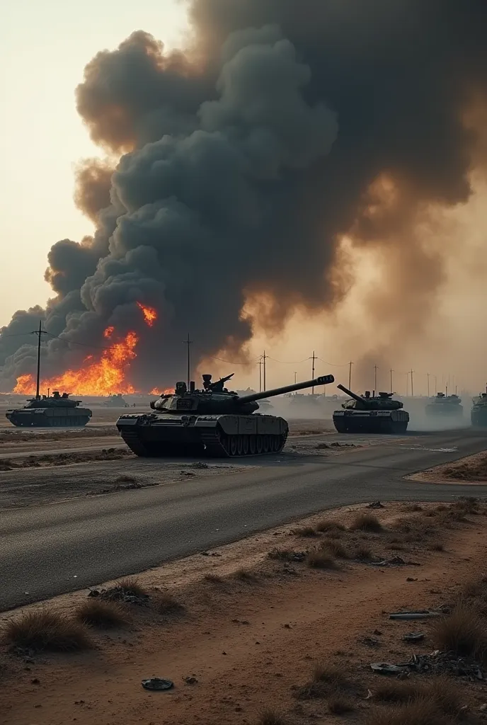 A typical Israeli military air base was burned to the ground with black smoke billowing, Typical asphalt field of an Israeli military air base, Many of Israel's signature Merkava tanks were also damaged and burned out with billows of black smoke, there wer...