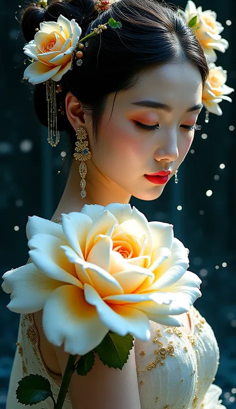 This is a portrait of a beautiful oriental woman with an elaborate hairstyle and her head decorated with bright flowers. Gazing downward with a serene expression, it evokes a sense of quiet introspection and refined beauty. A beautiful white rose shimmerin...