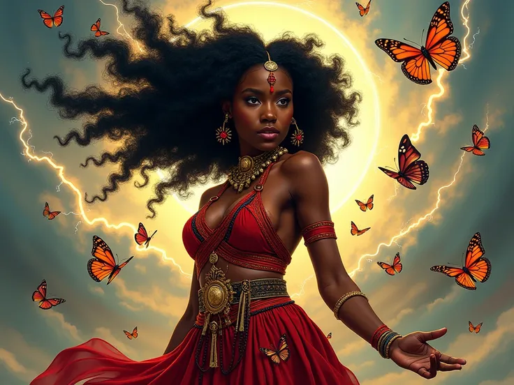 Create an image of Orixá Oyá, black woman with frizzy and black hair, Wearing her red African warrior outfit,Goddess of Lightning and the Storm, Full of butterflies 