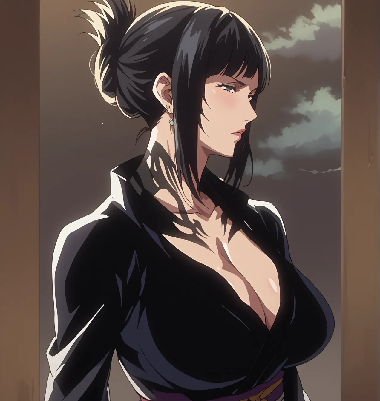 1 , Mature Woman, older, gigantic breasts, milf ( mature mom), maternal, wide-hipped,  long hair, Straight hair,  distributed fringe , black  long hair,   black eyes , kimono, score_9, score_8_above, score_7_above, score_6_above, source_anime, pretty face,...