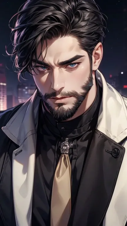 (best quality,4K,8k,highres,masterpiece:1.2),breasts,(Realistic,photoRealistic,photo-Realistic:1.37),36-year-old man,3 day beard,cute anime ,Portraits,strong,masculine,  dark hair,sharp jaw,  mesmerizing eyes  ,  perfectly styled hair,  cool anime outfit,c...