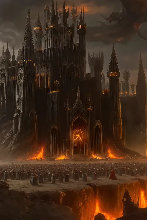 Dark Fantasy Oil Painting Style. Grand Battle Scene. A grand fantasy landscape featuring a fair-skinned woman in her 20s with long blonde hair flowing. She stands upright, facing a large black dragon dominating the sky. She wears dark gray and brown mediev...