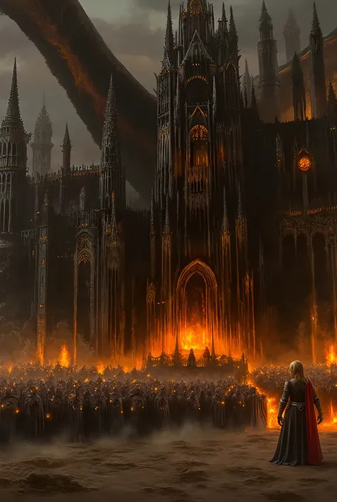 Dark Fantasy Oil Painting Style. Grand Battle Scene. A grand fantasy landscape featuring a fair-skinned woman in her 20s with long blonde hair flowing. She stands upright, facing a large black dragon dominating the sky. She wears dark gray and brown mediev...