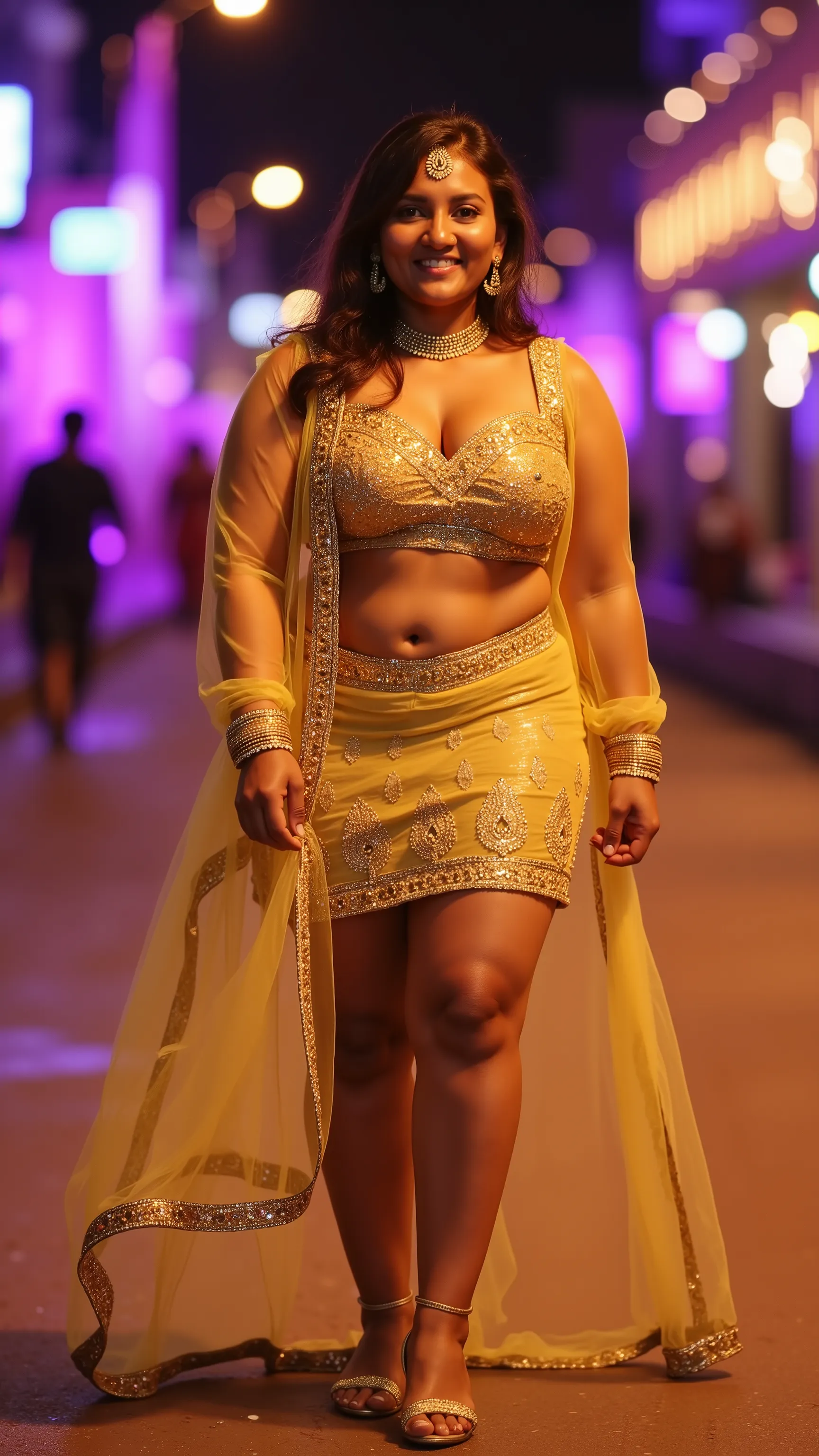 A strikingly voluptuous woman with a perfect hourglass figure walks confidently down a dimly lit urban street, the neon city lights casting an ethereal glow against her smooth, dusky skin. Her golden-yellow sheer veil, embroidered with intricate patterns, ...