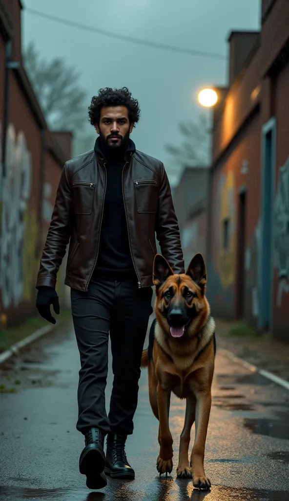 Player Description:
Mohamed Salah wears a dark brown leather jacket over a black turtleneck, with fingerless gloves and a scar across his cheek. His expression is stern, walking forward with a steady, confident stride.
Dog Companion:
A tan-and-black German...