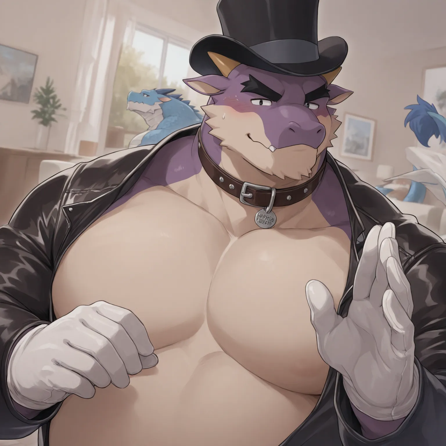 High Quality, Dragon, Anthro(Dragon),Chubby,(Black eyebrows:1.1),(Perfect eyes),Smooth Skin，（artist:Takemoto Arashi），Living Room background，claw，（Tailor Uniform:1.3）。Wearing a Leather collar around his neck. Wearing fancy white gloves on his hands, fancy w...