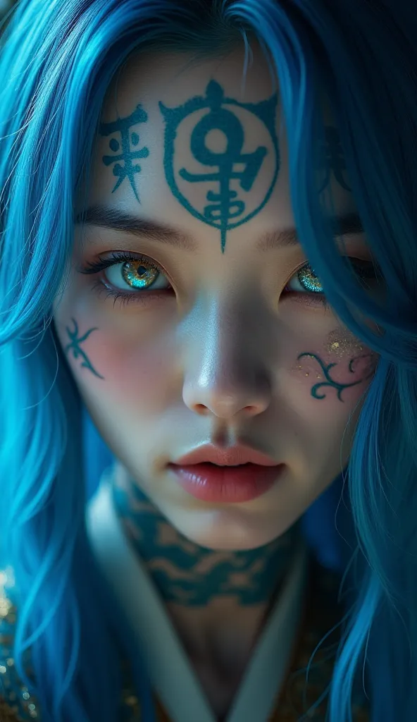  A South Korean woman with blue hair BRAIDS tattoo on her face with mask and blue eyes the glow golden iris close shot of the face HD QUALITY 4K lightning effects this is Korean symbols tattooed on the face 