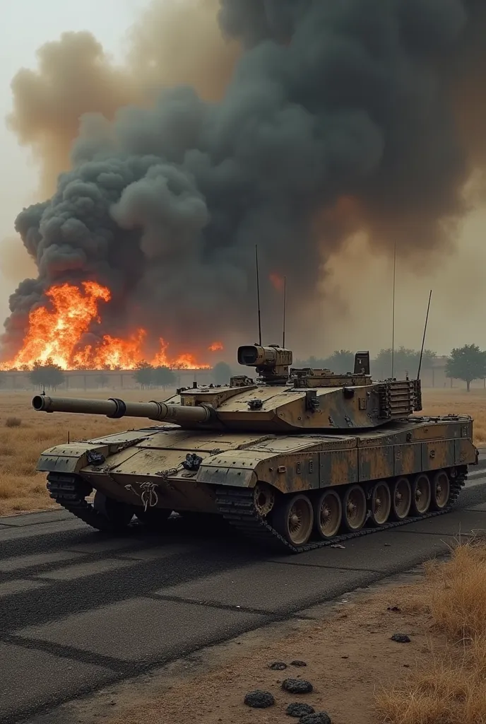 A typical Israeli military air base was burned to the ground with black smoke billowing, Typical asphalt field of an Israeli military air base, Many of Israel's signature Merkava tanks were also damaged and burned out with billows of black smoke, there wer...