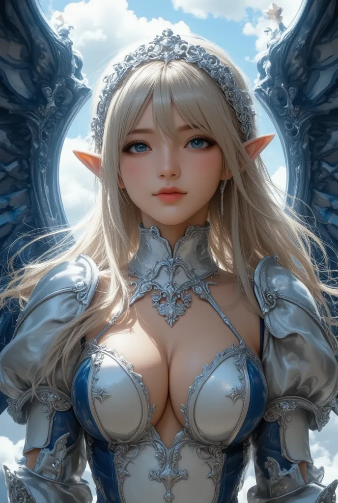 Close-up of a woman in a silver and blue dress, ArtStationの程維潘, Jan J,  Detailed Fantasy Art ,   beautiful character art  ,  In the form of、 Fan Art Best Art Station ,  Spectacular Exquisite Character Art , Beautiful Armor,  a very detailed term,  detailed...